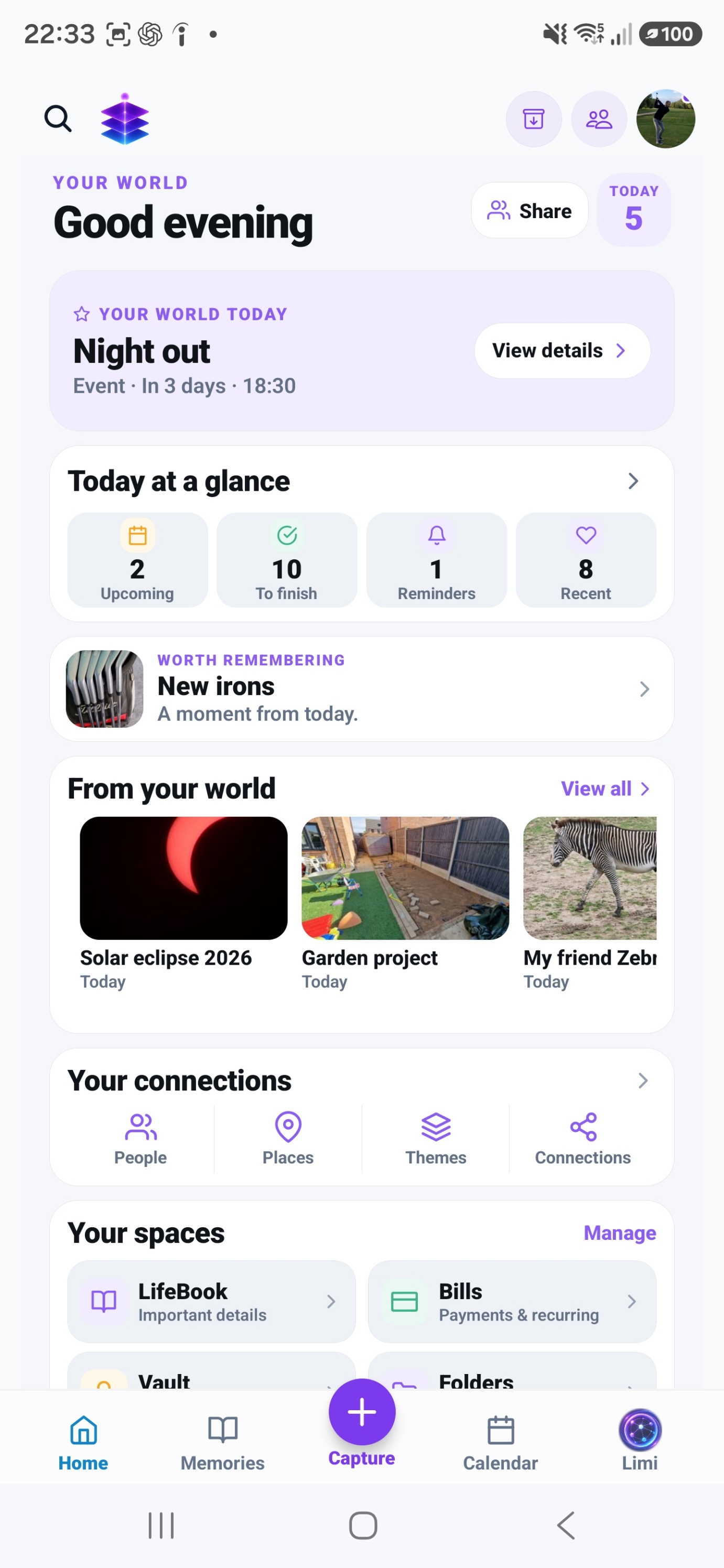 Memory Temple Home in light mode, showing memories, connections and personal spaces
